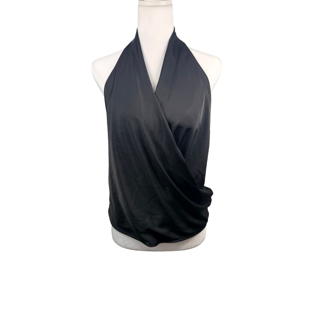 Zara Womens Black Satin Draped Halter Wrap Top Open Back Size Large